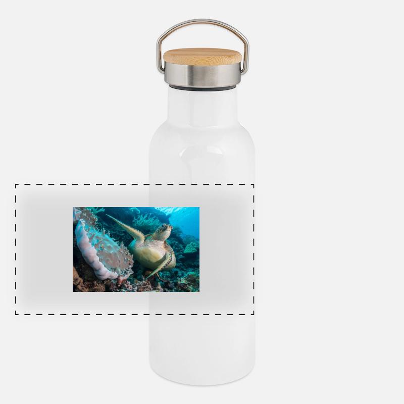 Schildkröte - Panorama Thermosflasche mit Bambusdeckel - Weiß
