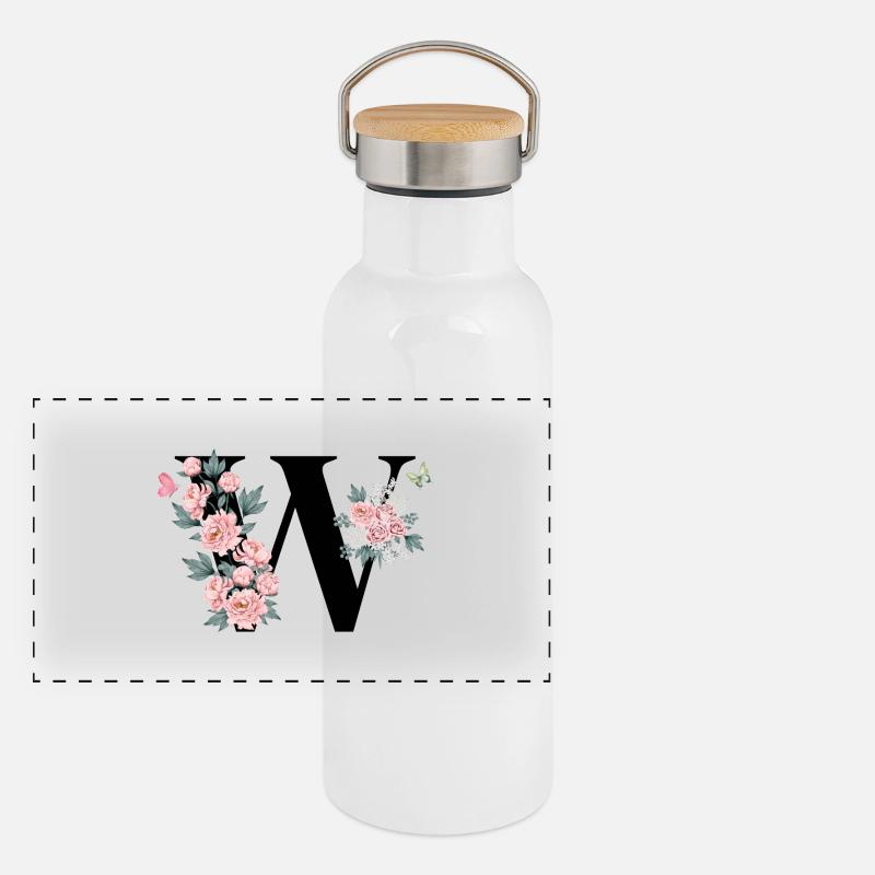 Buchstabe mit rosa Blumen Panorama Thermosflasche mit Bambusdeckel
