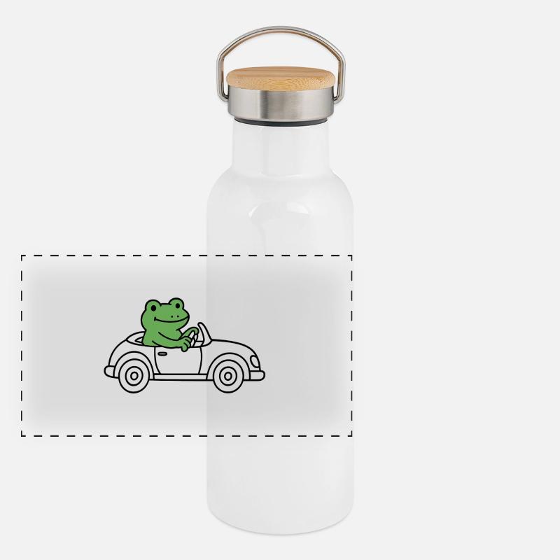 Frosch im Auto Panorama Thermosflasche mit Bambusdeckel