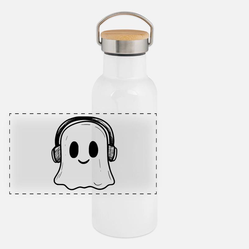 Niedlicher Geist mit Kopfhörern Panorama Thermosflasche mit Bambusdeckel