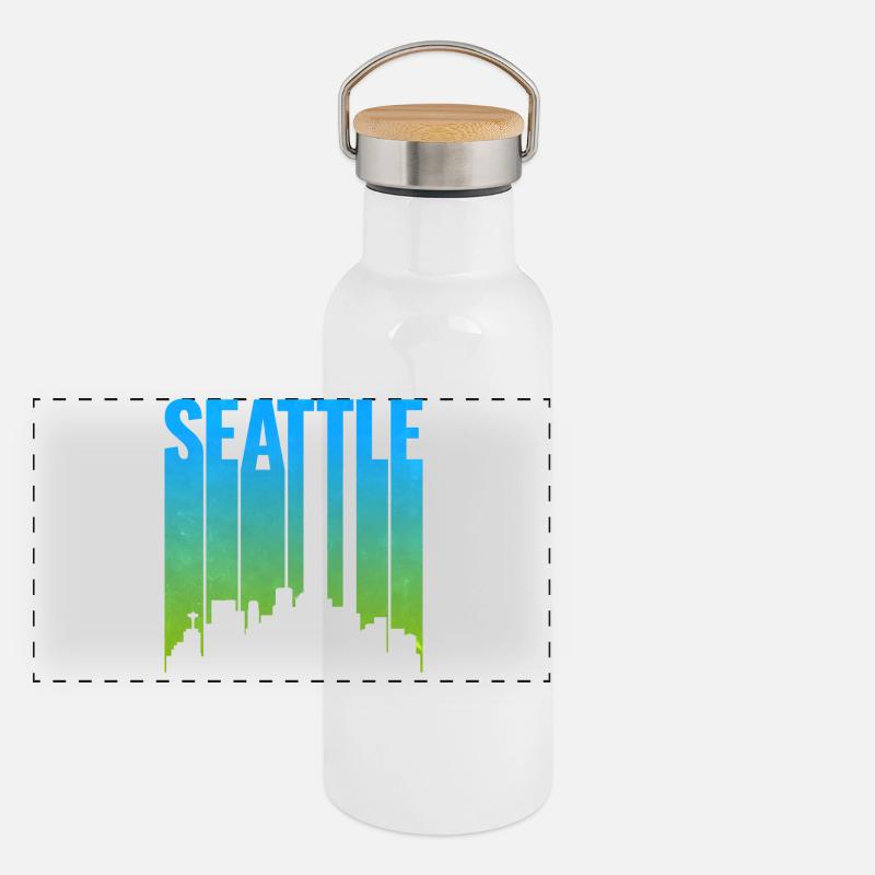 Seattle Neon Skyline Kunstdruck Panorama Thermosflasche mit Bambusdeckel