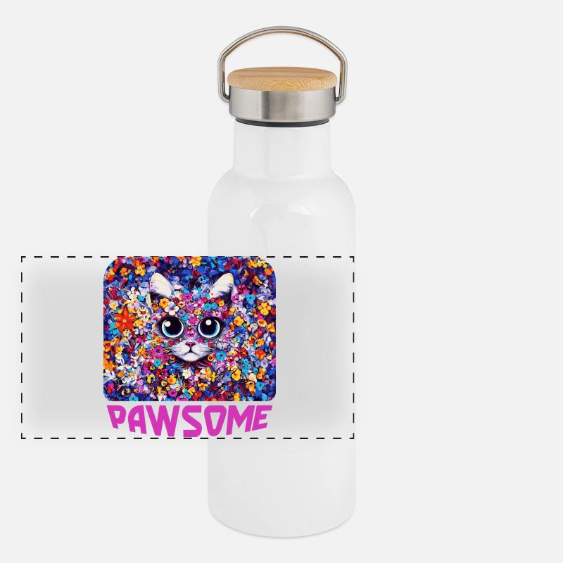 Pawsome - Katze in Blumen Panorama Thermosflasche mit Bambusdeckel
