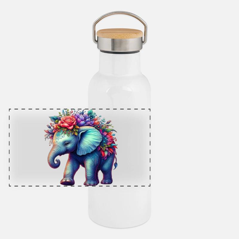 Elefant mit Blumen Panorama Thermosflasche mit Bambusdeckel