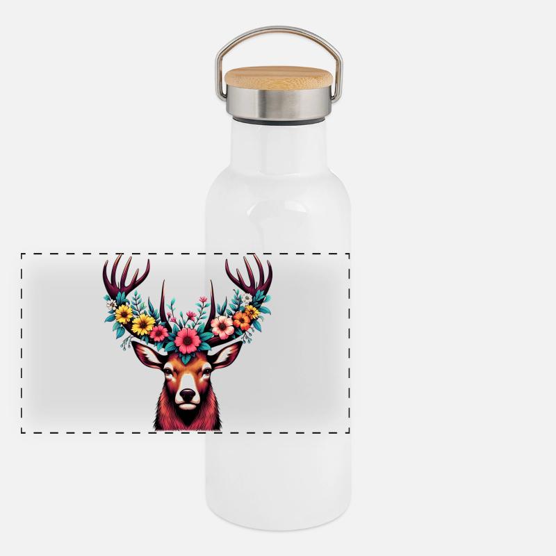 Hirsch mit Blumen Panorama Thermosflasche mit Bambusdeckel