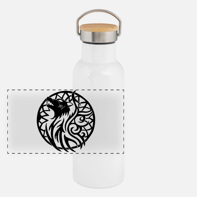 Black wolf and lucky talisman Panoramic Thermal Bottle with Bamboo Lid