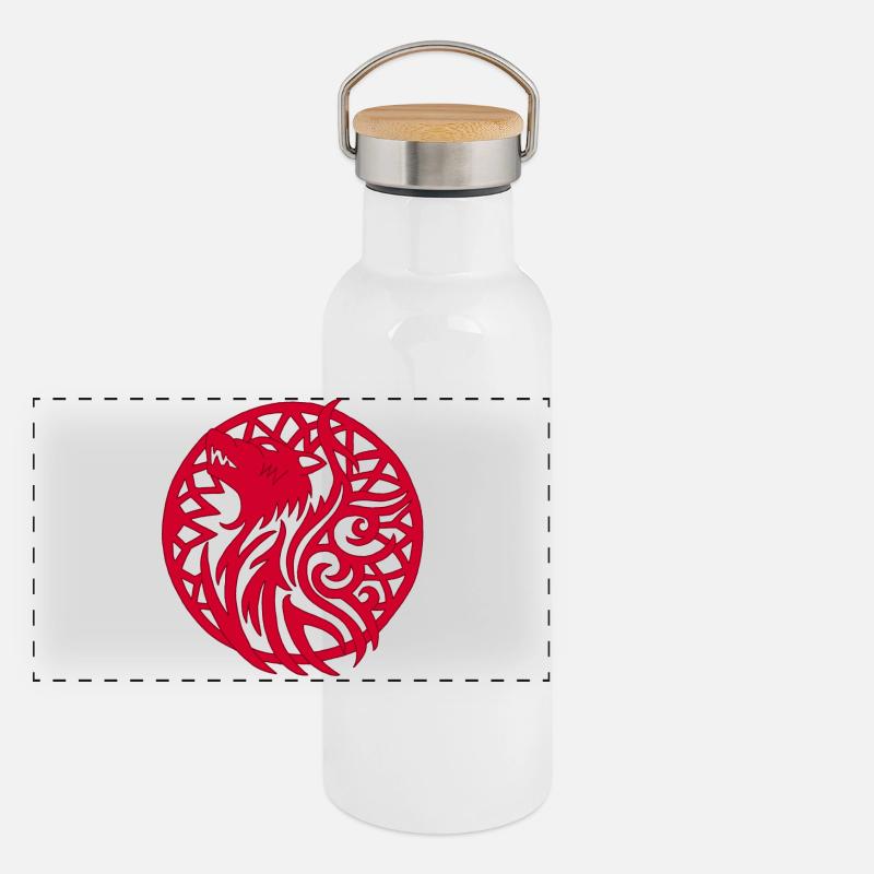 Roter Wolf und Glücksbringer Panorama Thermosflasche mit Bambusdeckel