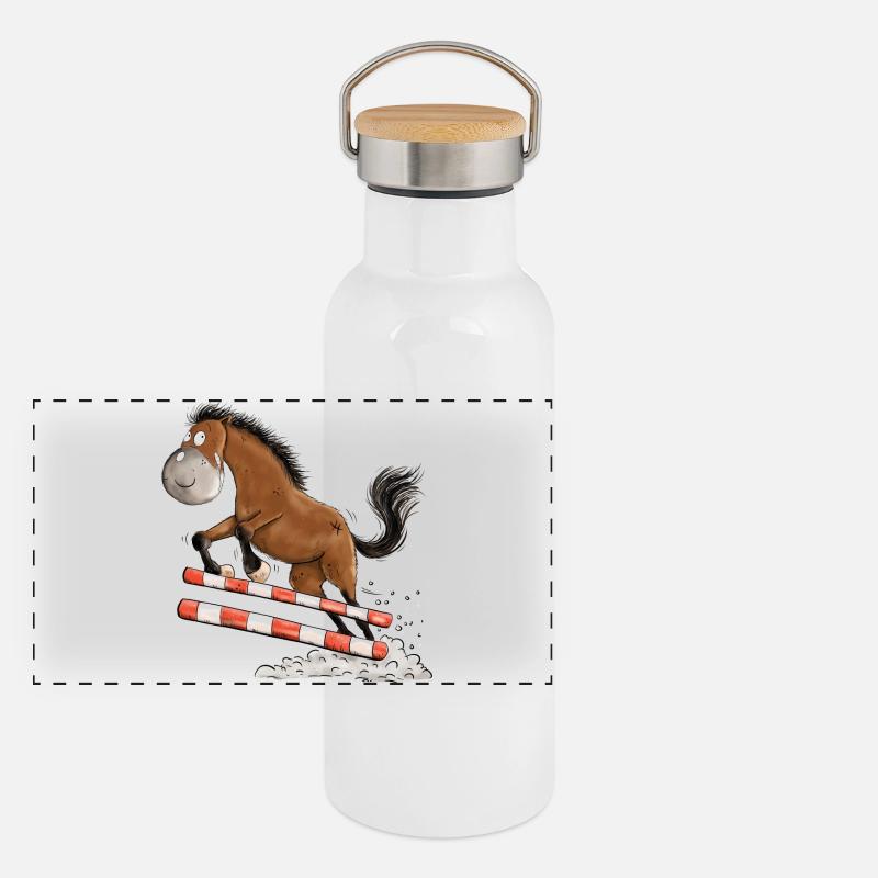 Witziges Springpferd Springreiten Tunier Pferd Panorama Thermosflasche mit Bambusdeckel