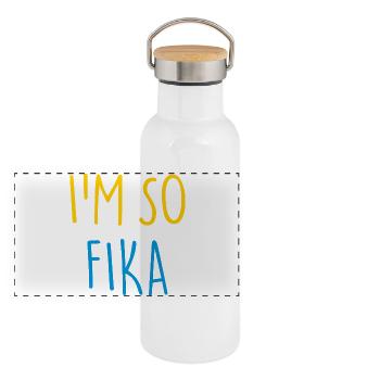 I'M SO FIKA Sverige Schweden - Panorama Thermosflasche mit Bambusdeckel - Weiß - Vorne