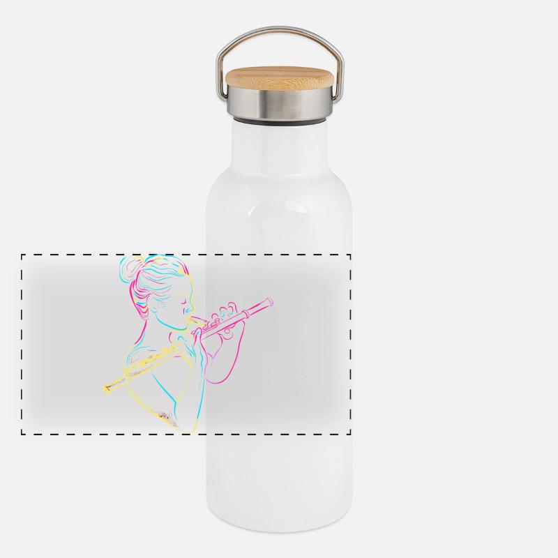 Flötenmädchen 80er Jahre Panorama Thermosflasche mit Bambusdeckel