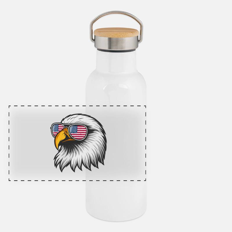 Aigle américain avec drapeau dans des lunettes Gourde isotherme avec bouchon en bambou