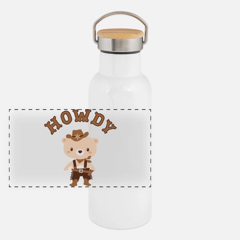 Howdy Teddy Cowboy Panorama Thermosflasche mit Bambusdeckel