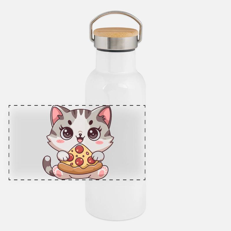 Chat mignon mangeant une pizza Gourde isotherme avec bouchon en bambou