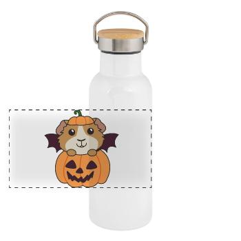 Meerschweinchen Happy Halloween Kürbis Fledermaus - Panorama Thermosflasche mit Bambusdeckel - Weiß - Vorne
