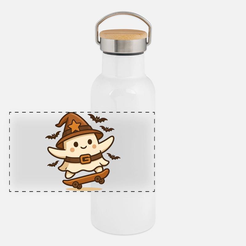 Skater‑Geist mit Hexenhut – Retro Halloween Shirt Panorama Thermosflasche mit Bambusdeckel
