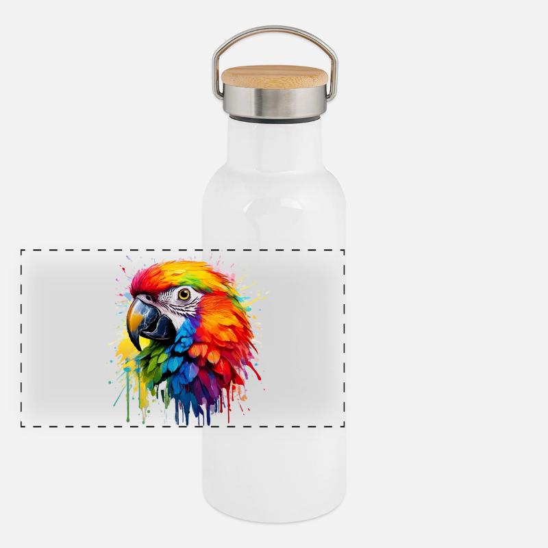 Bunter Paradiespapagei Splash Panorama Thermosflasche mit Bambusdeckel