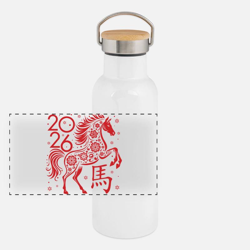 Chinesisches Neujahr des Pferdes 2026 - Panorama Thermosflasche mit Bambusdeckel - Weiß