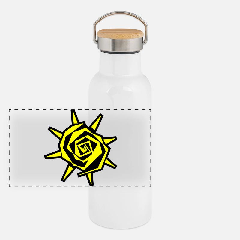 Sonnenspirale Neon Gelb Panorama Thermosflasche mit Bambusdeckel