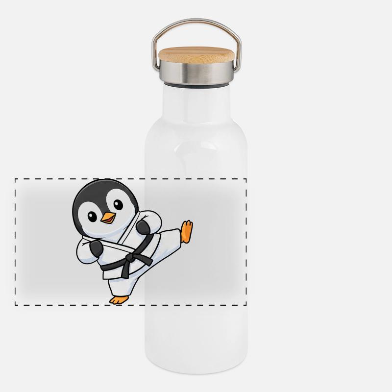 Dessin animé d’artiste martial Pingouin Karaté mignon Chibi Gourde isotherme avec bouchon en bambou