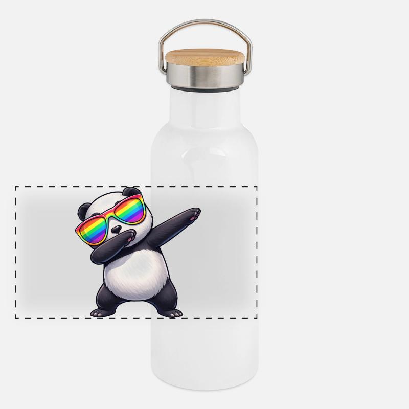 Süßer Cartoon Panda Dabbing Sonne Regenbogen Cool Panorama Thermosflasche mit Bambusdeckel
