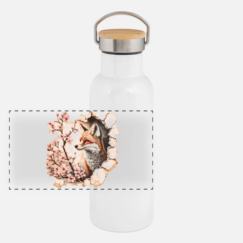 Fuchs mit Kirschblüten Panorama Thermosflasche mit Bambusdeckel