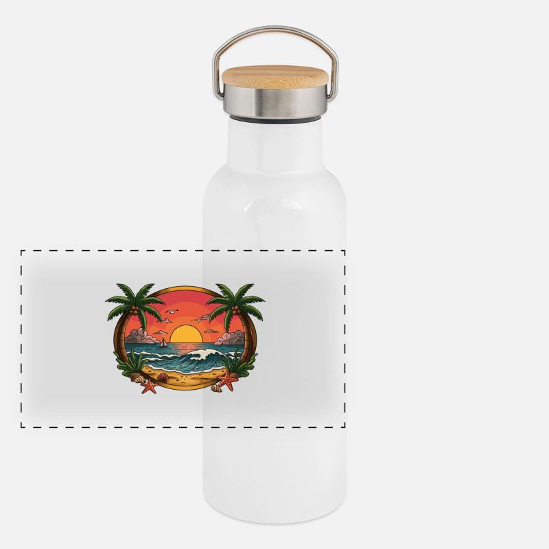 Tropical Sunset Wave Circle - Panoramic Thermal Bottle with Bamboo Lid - white