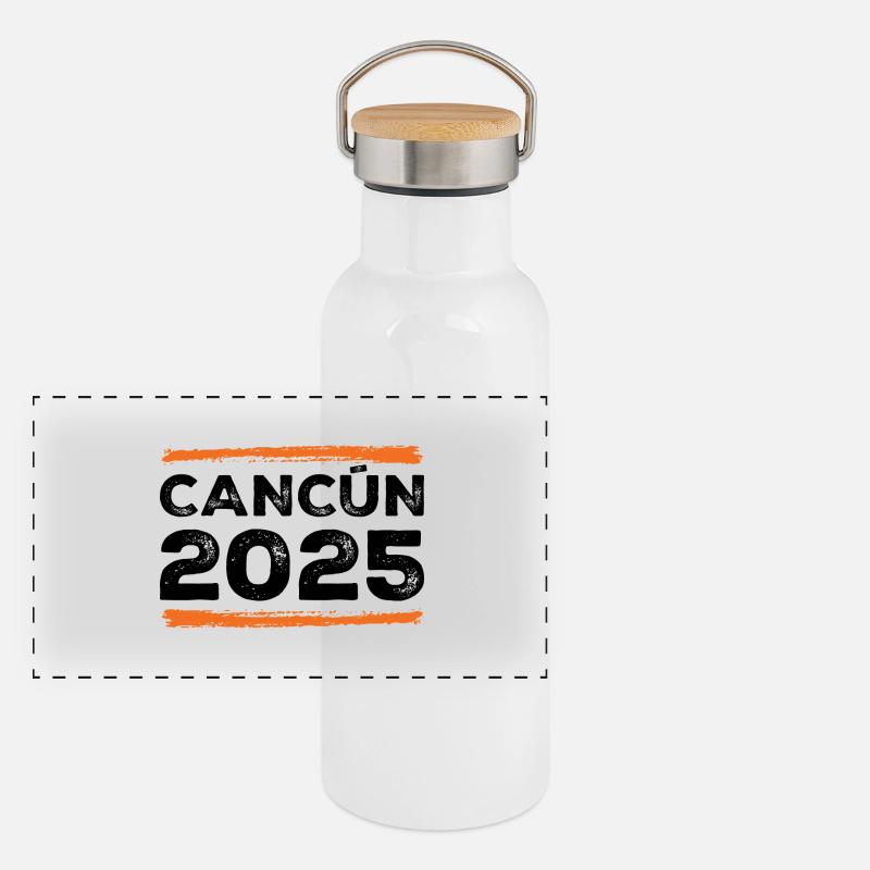 Cancun 2025 Spruch Panorama Thermosflasche mit Bambusdeckel