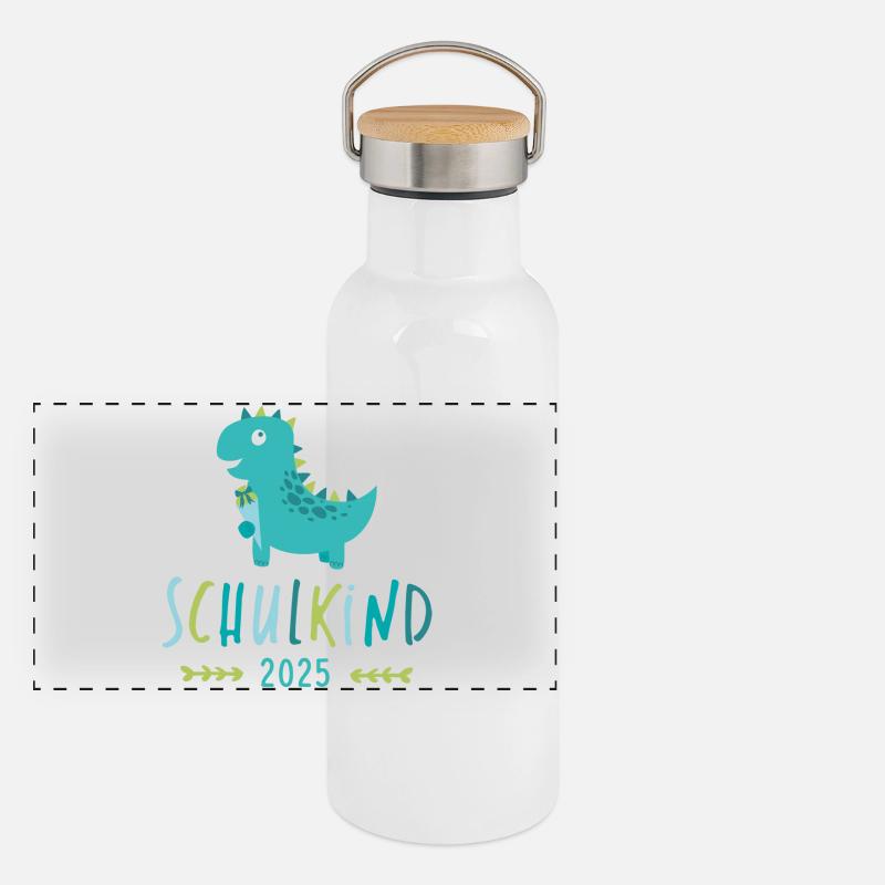 Schulkind 2025 Dino - Panorama Thermosflasche mit Bambusdeckel - Weiß