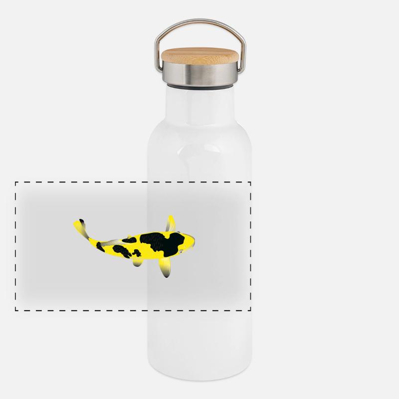 Koi-Karpfen - Gelb und Schwarz Panorama Thermosflasche mit Bambusdeckel