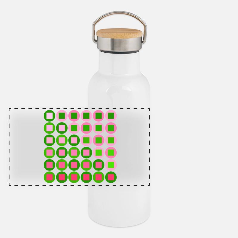 Cercles et carrés roses et verts dans le style Op Art Gourde isotherme avec bouchon en bambou