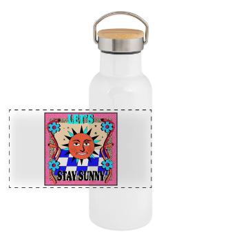Stay Sunny_ Retro Design - Panorama Thermosflasche mit Bambusdeckel - Weiß - Vorne