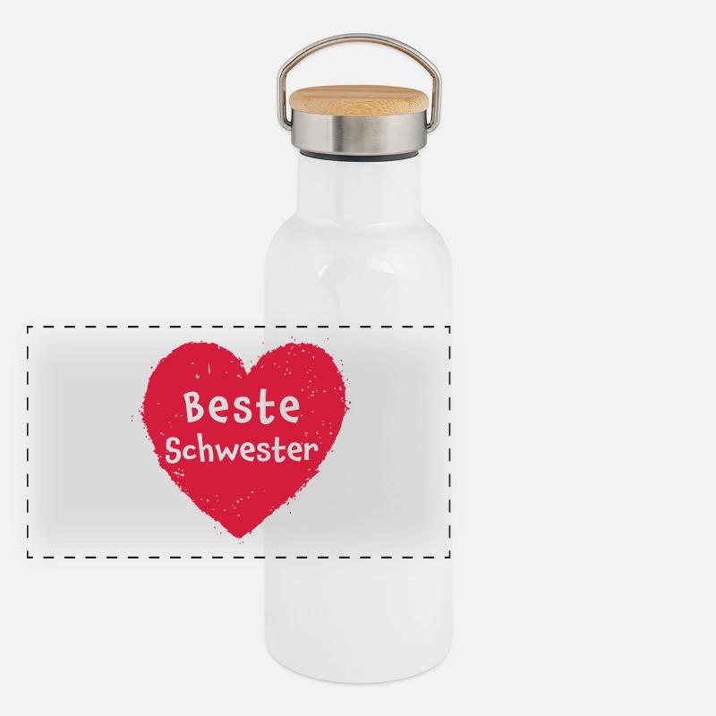 Beste Schwester Herz Panorama Thermosflasche mit Bambusdeckel