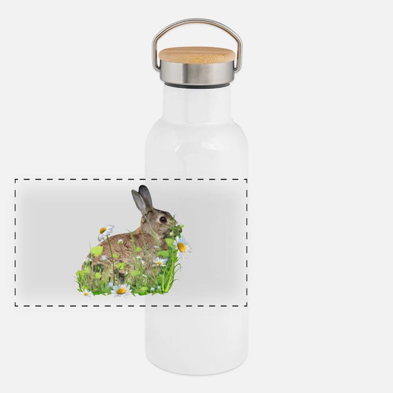 Rabbit White Flowers Panoramic Thermal Bottle with Bamboo Lid