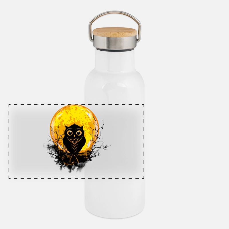Eule bei Vollmond Panorama Thermosflasche mit Bambusdeckel