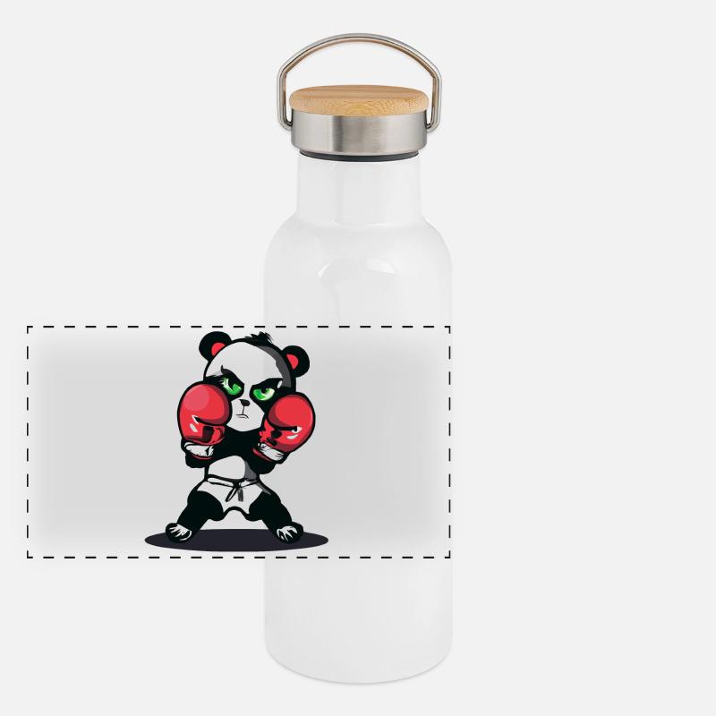 Boxender Panda im Ring Panorama Thermosflasche mit Bambusdeckel