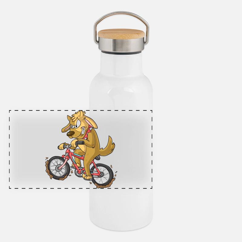 Biker Hund / Bikender Hund - Panorama Thermosflasche mit Bambusdeckel - Weiß