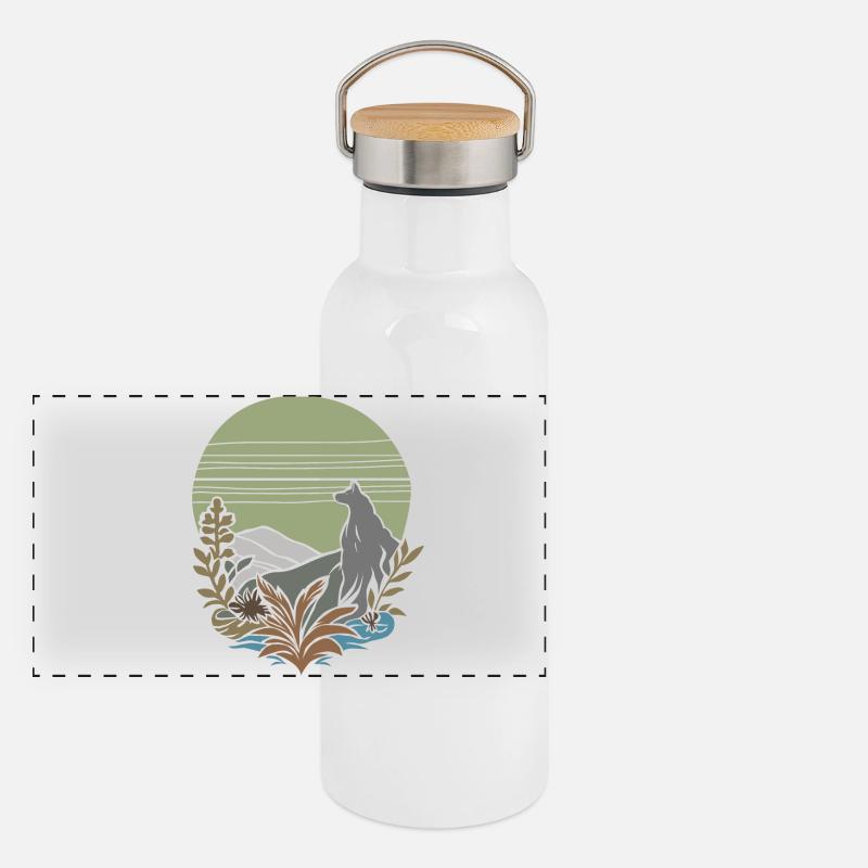 vintage wolf - Panorama Thermosflasche mit Bambusdeckel - Weiß