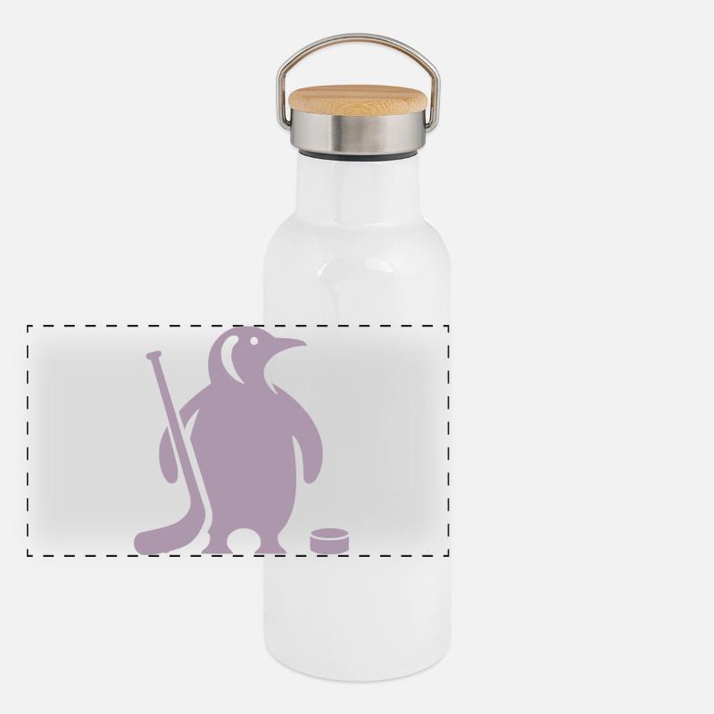 Minimalistische Pinguin Eishockey Silhouette Panorama Thermosflasche mit Bambusdeckel