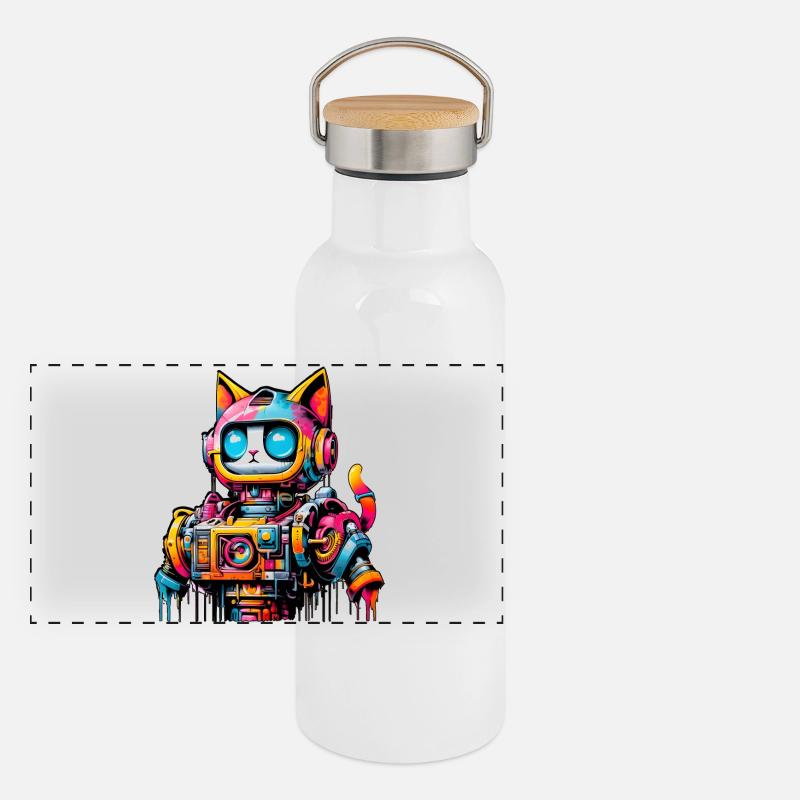 Katze gestaltet als Roboter im Comic Graffiti Stil Panorama Thermosflasche mit Bambusdeckel