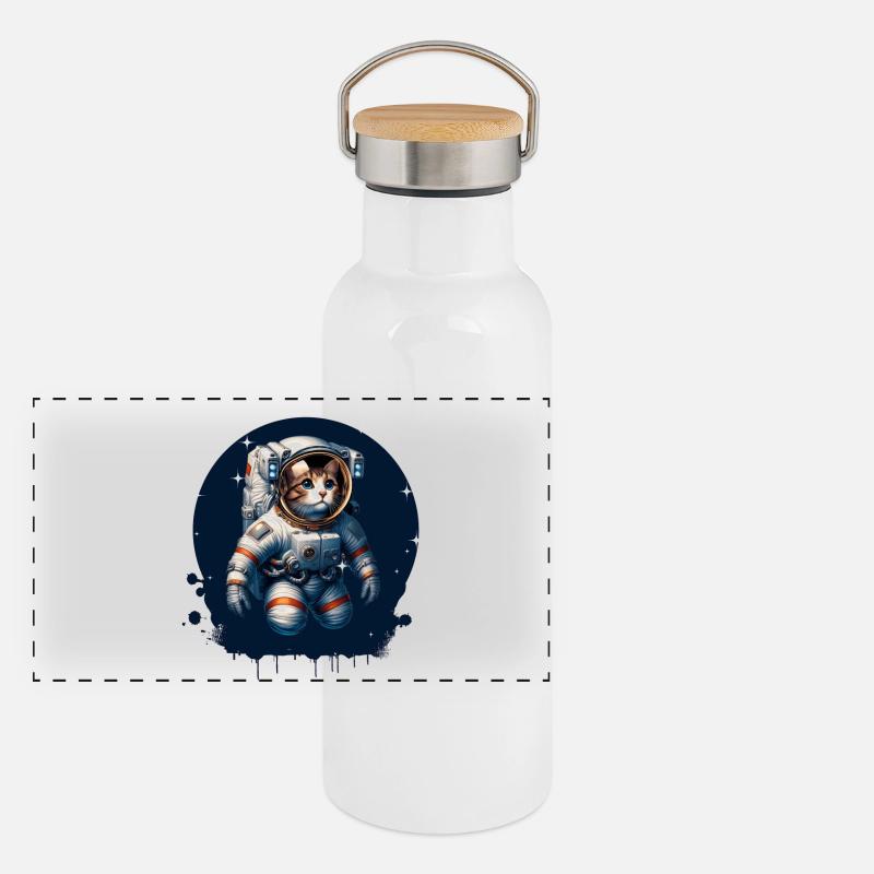 Un chat en costume d’astronaute - Gourde isotherme avec bouchon en bambou - blanc