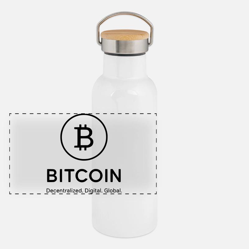 Bitcoin - dezentral, digital global Panorama Thermosflasche mit Bambusdeckel