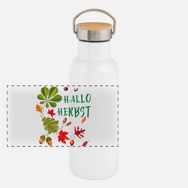 Hallo Herbst Herbstliche Blätter und Eicheln  Panorama Thermosflasche mit Bambusdeckel