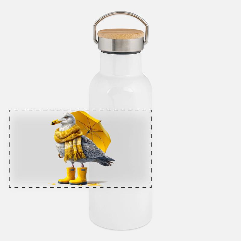 Mouette avec parapluie jaune et bottes Gourde isotherme avec bouchon en bambou