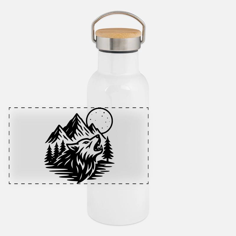 Vollmond Wolf Panorama Thermosflasche mit Bambusdeckel