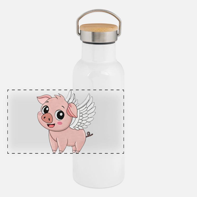 Mignon cochon dessin animé ange avec des ailes Ferme Gourde isotherme avec bouchon en bambou