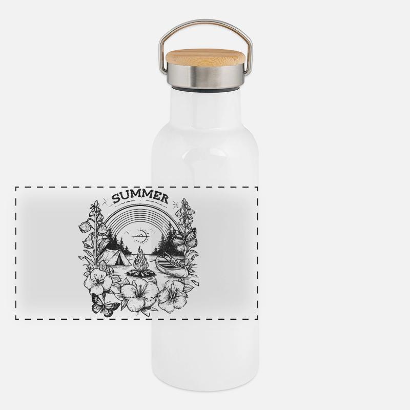 ÉTÉ - Motif de camping avec feu de camp et canoë Gourde isotherme avec bouchon en bambou