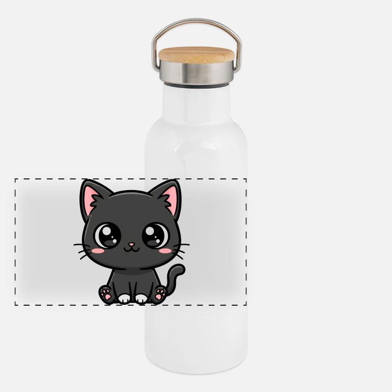 Mitternachtskätzchen-Kawaii-Maskottchen Panorama Thermosflasche mit Bambusdeckel