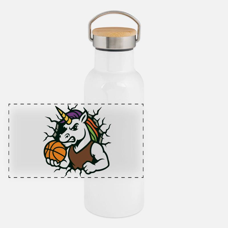 Unicorn Basketball-Maskottchen durchbricht den Durchbruch Panorama Thermosflasche mit Bambusdeckel
