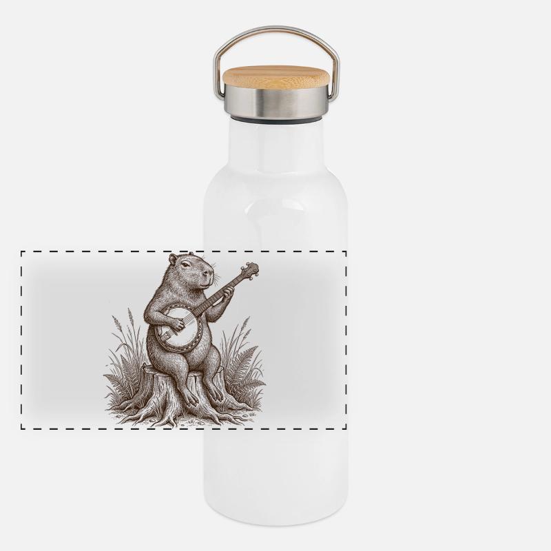 Lustiger Capybara spielt Banjo-Musiker Panorama Thermosflasche mit Bambusdeckel