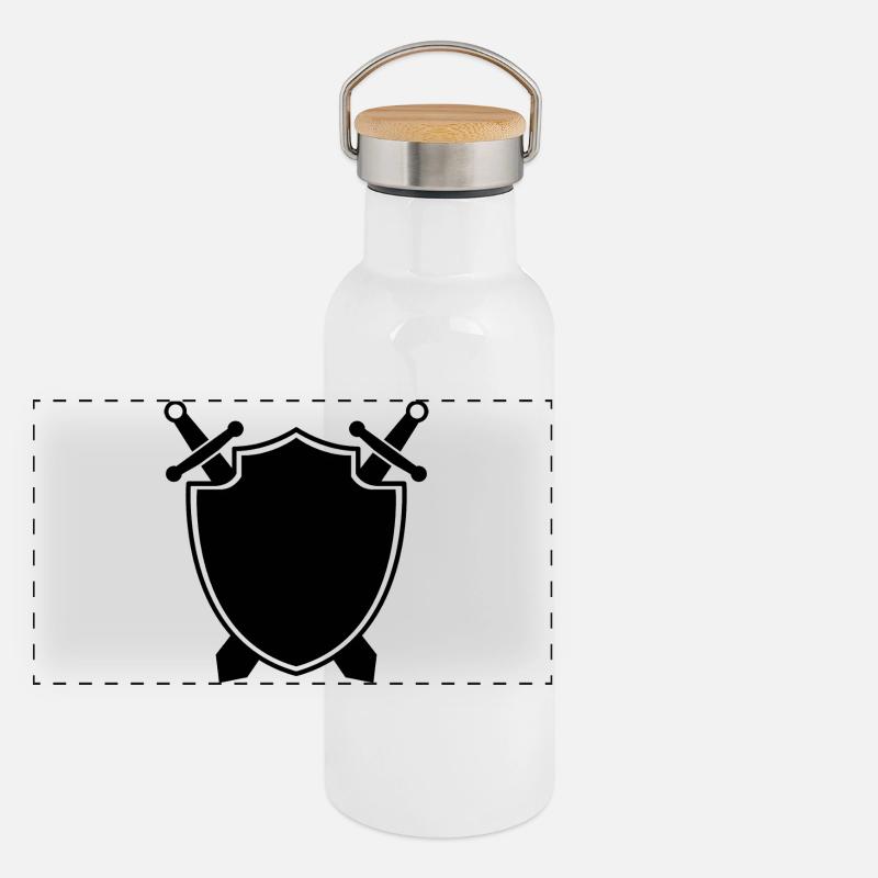 Mittelalterlicher Schild mit Schwert Panorama Thermosflasche mit Bambusdeckel