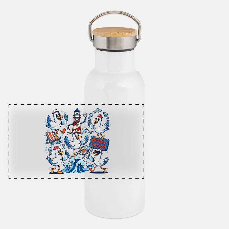 Ostsee Urlaub Möwe Leuchtturm Panorama Thermosflasche mit Bambusdeckel